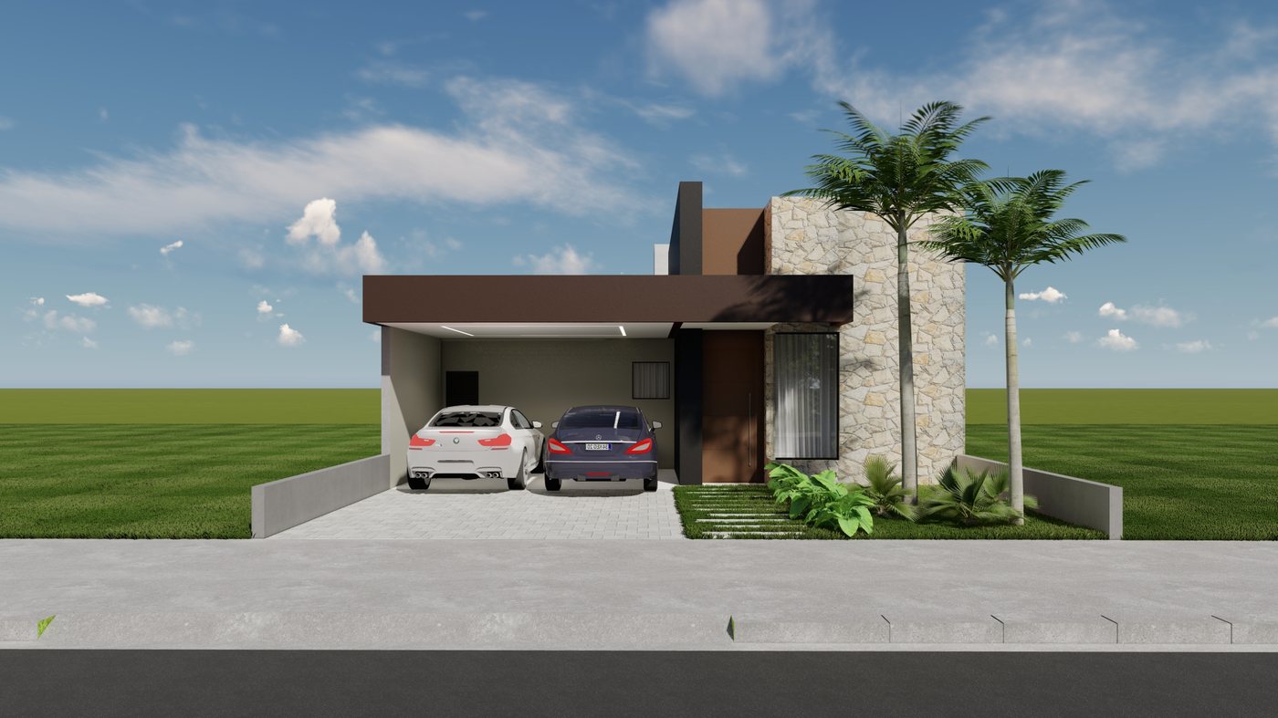AD 04 — fachada contemporânea, vista frontal com garagem coberta