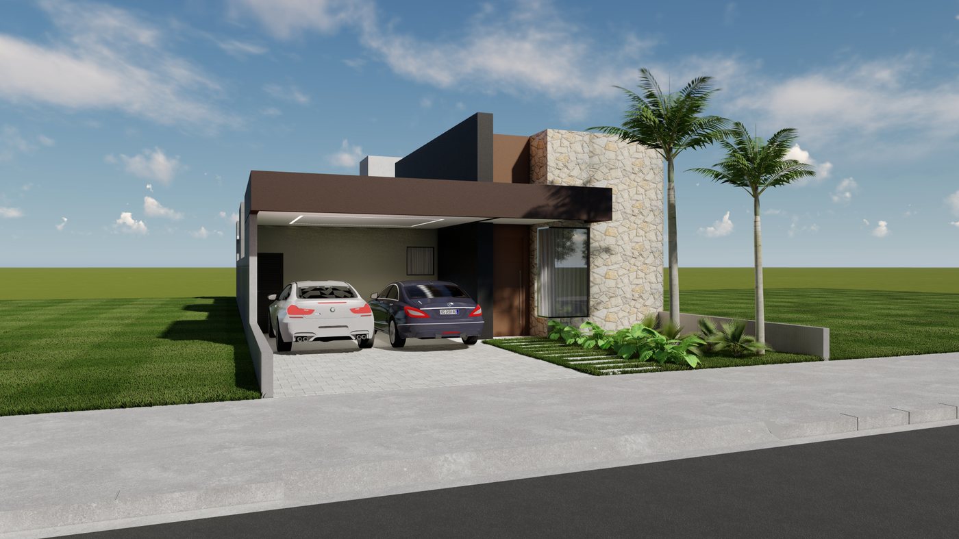 AD 04 — fachada contemporânea, vista em ângulo com revestimento em pedra