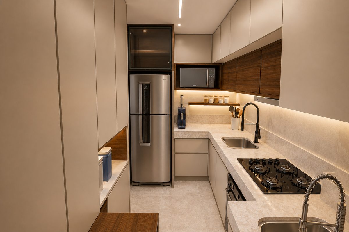 AL 272 — cozinha em corredor com bancada em mármore
