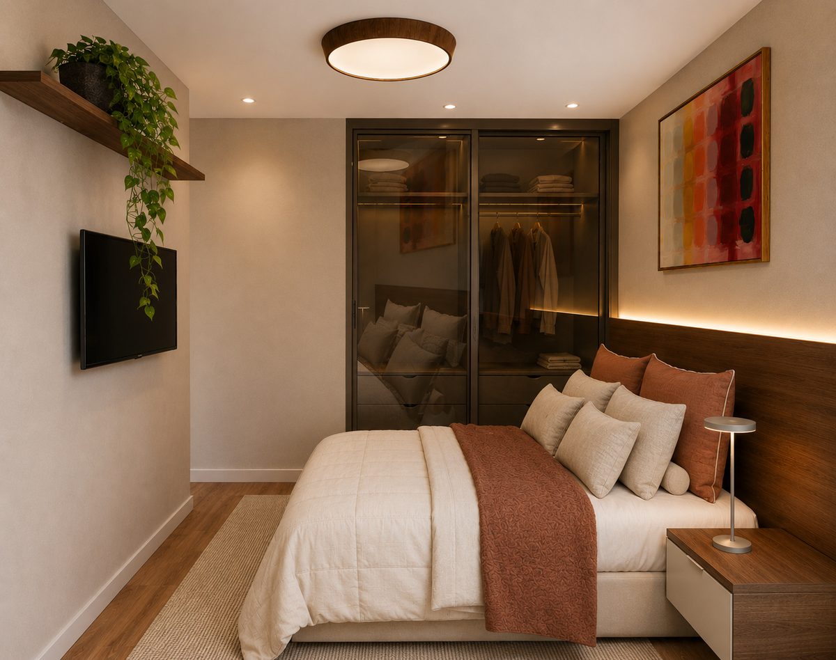 AL 272 — quarto com closet envidraçado e quadro colorido