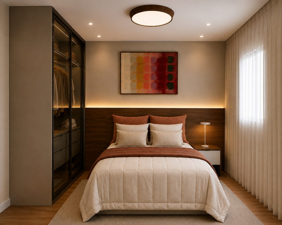 AL 272 — quarto, vista da cama e cortinas