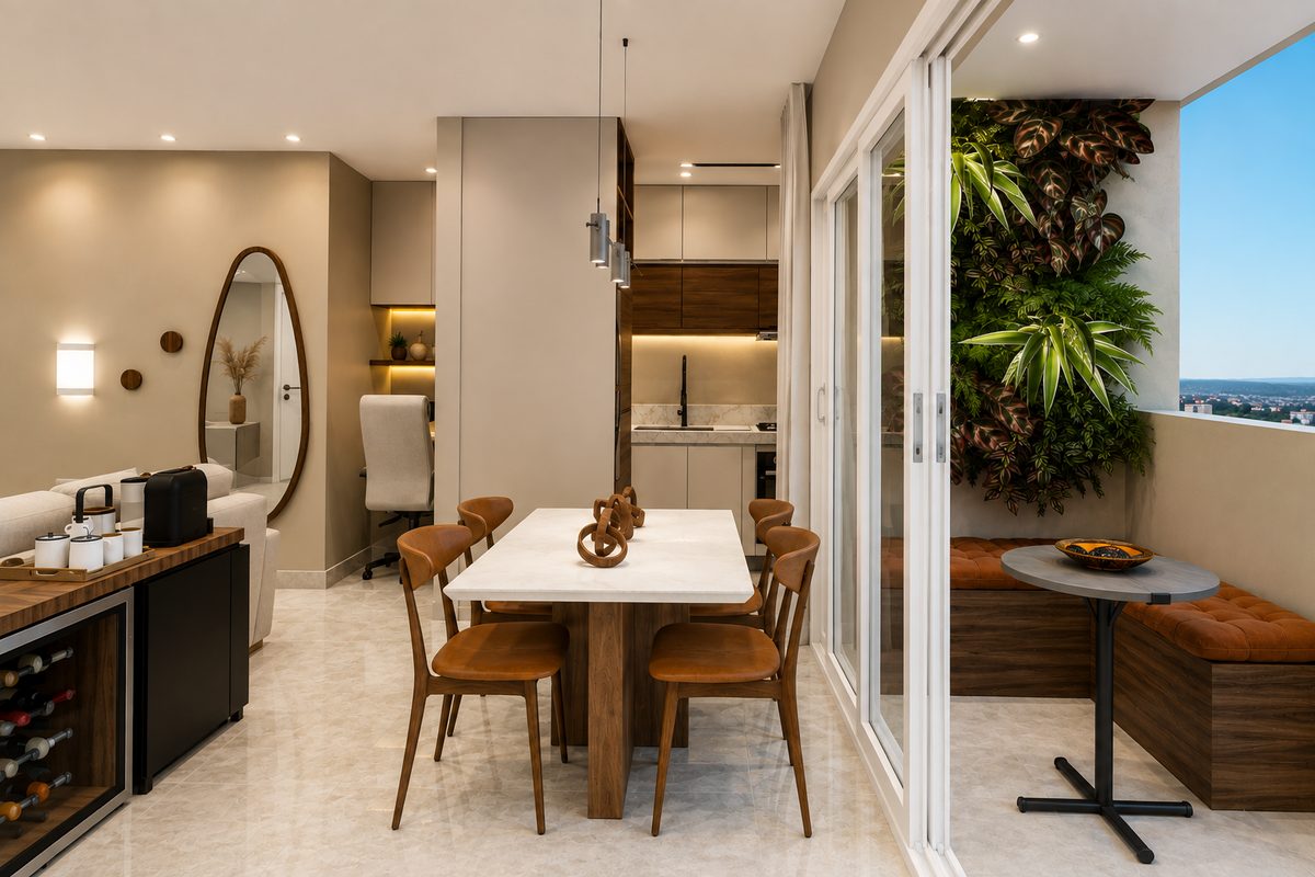 AL 272 — sala de jantar com varanda e jardim vertical