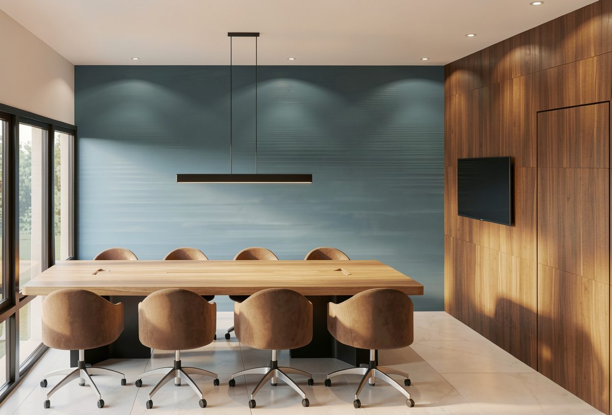 SL 851 — sala de reunião com parede azul e mesa de madeira