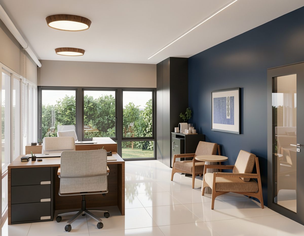SL 851 — recepção com poltronas e parede azul-marinho